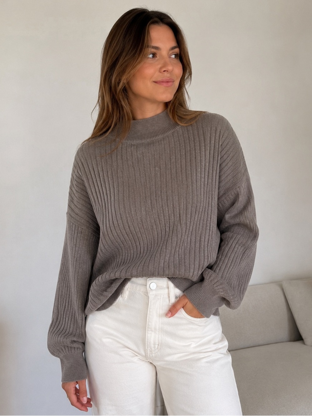 Graffiti Grey Ribbed Mock Neck Sweater Oversized Cotton M/L Minimalist Cozy